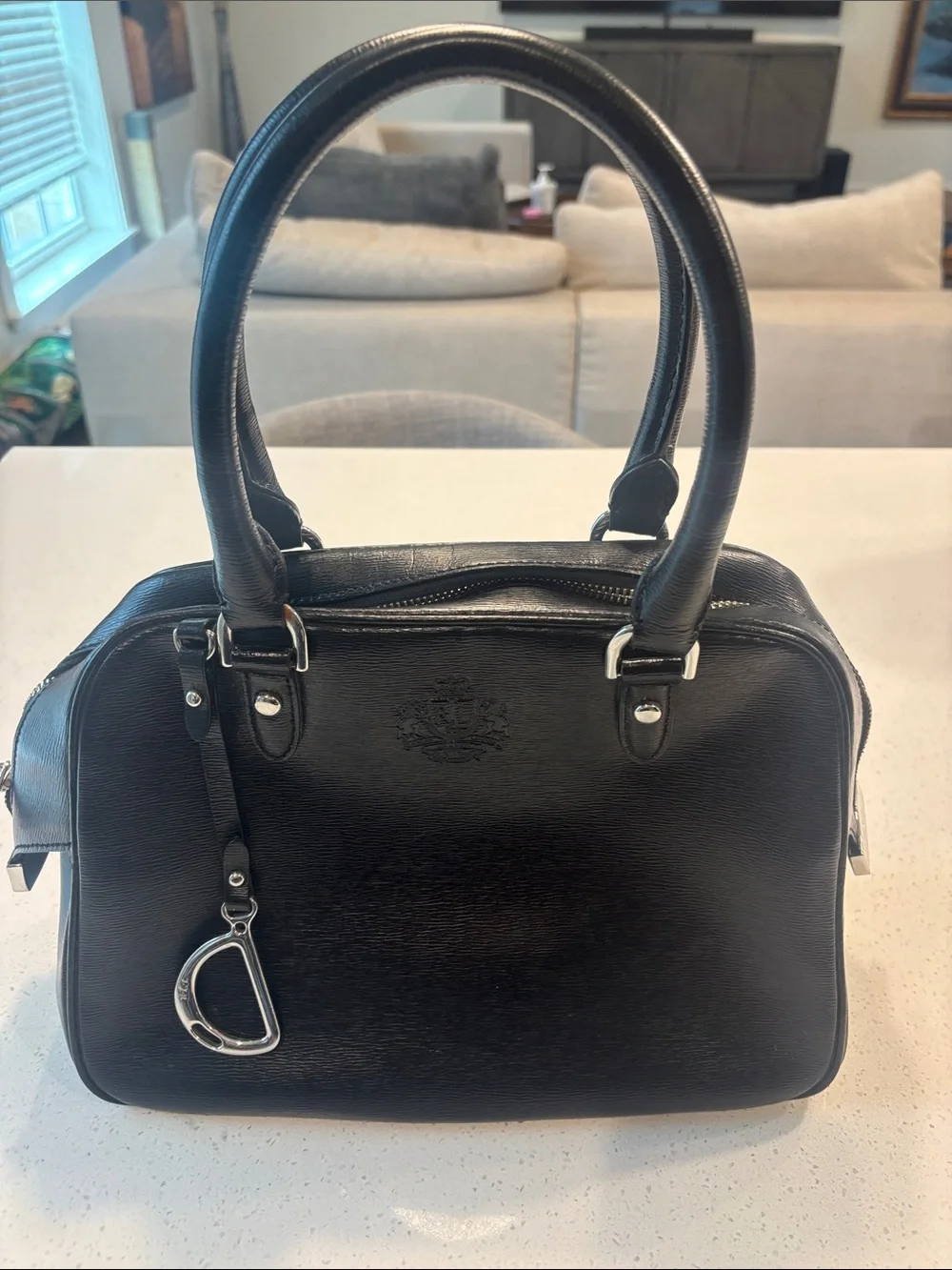 Lauren Ralph Lauren Black Leather Crest-Embossed Dome Satchel Bag